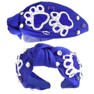 Blue Fabric Top Knot Headband with White Beaded Paws Crystals Kentucky Wildcats
